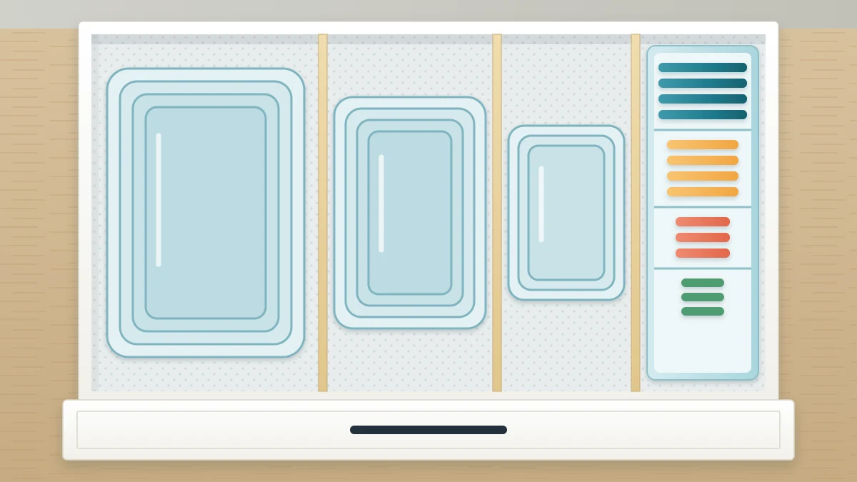 A kitchen drawer from above with rectangular food containers nested in three stacks and lids filed upright in a narrow bin