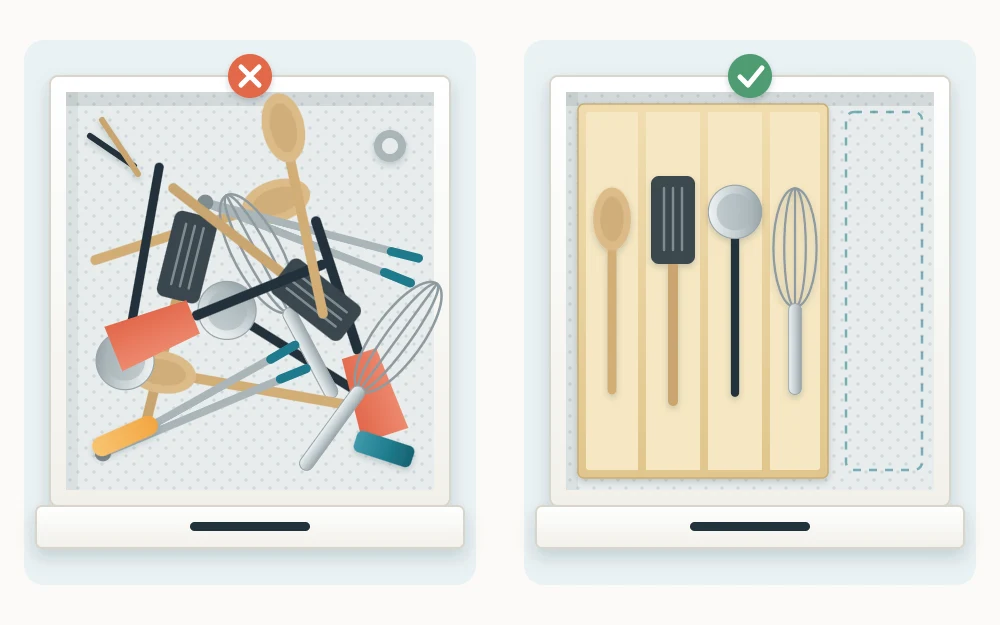 One kitchen drawer seen from above twice, crammed with jumbled utensils on the left and holding a few neat rows with spare room on the right