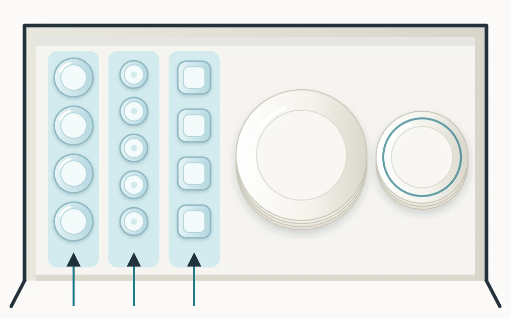 Top view of a cabinet shelf with glasses in three straight front-to-back rows, each row a different shape, beside two round stacks of plates