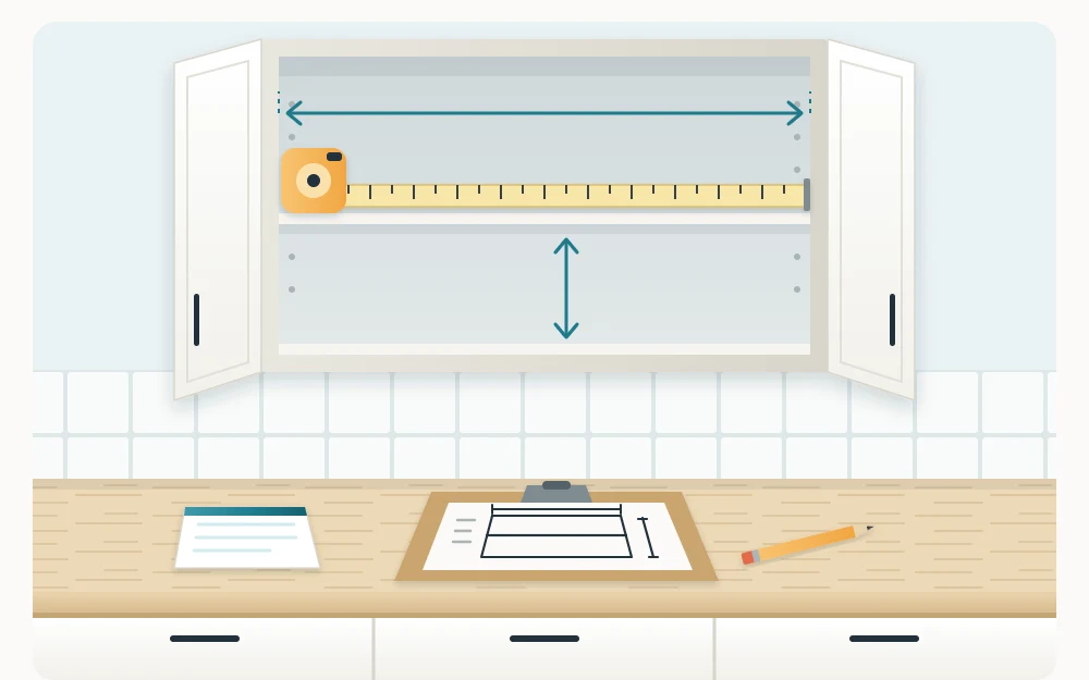 An empty open cabinet with a tape measure held across its inside width and a clipboard with a blank sketch below