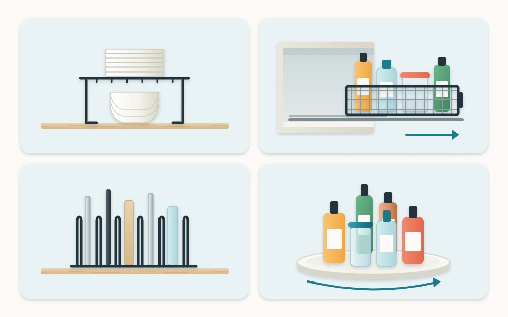 Four organizer types: a wire shelf riser with plates and bowls, a pull-out basket, an upright rack of baking sheets, and a turntable with bottles
