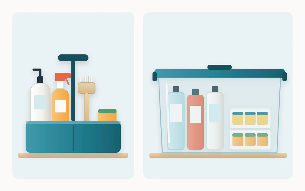 A small caddy with four everyday cleaning items beside a larger lidded bin of spare bottles and sponge packs