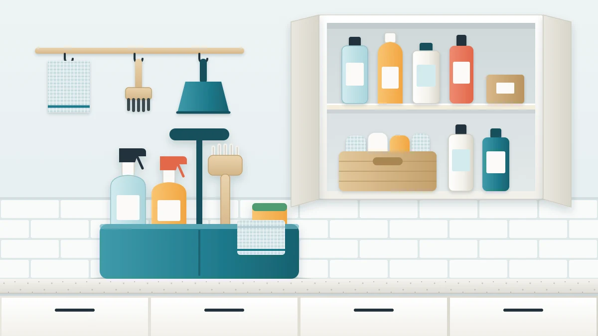 A handled cleaning caddy on a kitchen counter with spray bottles, a brush, a cloth and a sponge, in front of a tidy open cabinet
