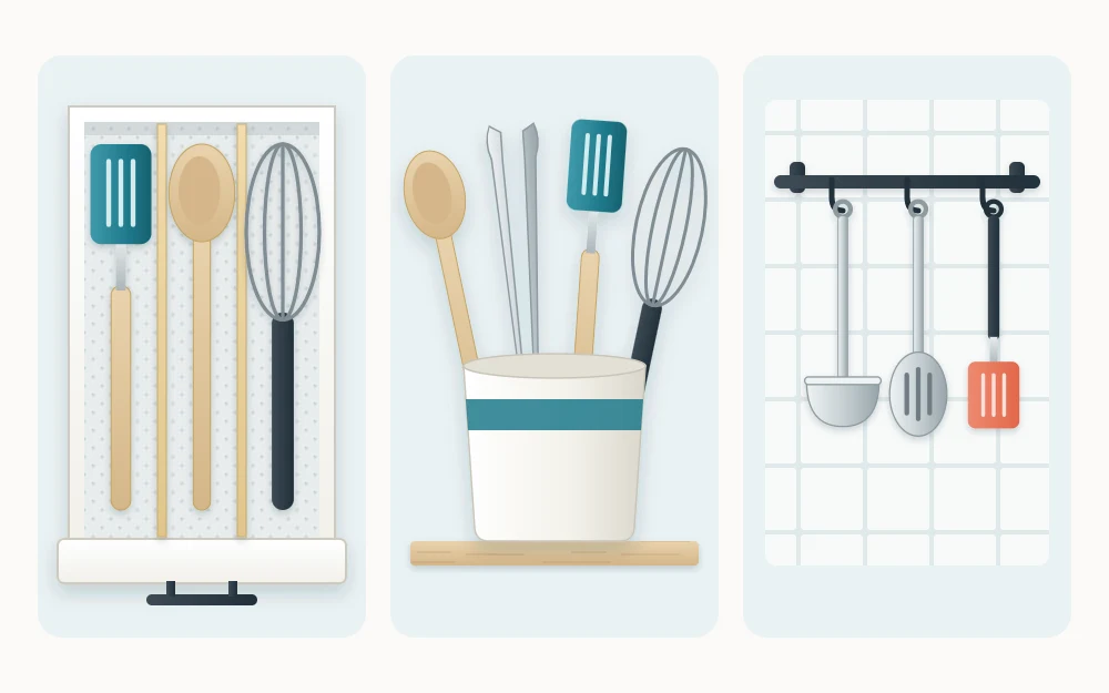 Three tiles comparing utensil homes: a divided drawer with lanes of tools, a round crock of upright tools and a wall rail with hanging tools