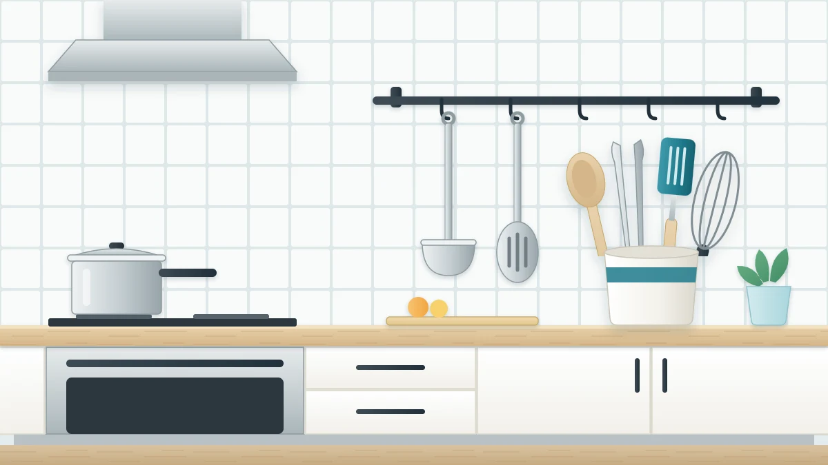 A ceramic crock of cooking tools on a countertop to the side of a cooktop, with a ladle and slotted spoon hanging from a wall rail