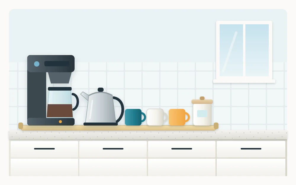 A coffee station on a counter with a coffee maker and kettle on a tray, three mugs and a small lidded canister beside them
