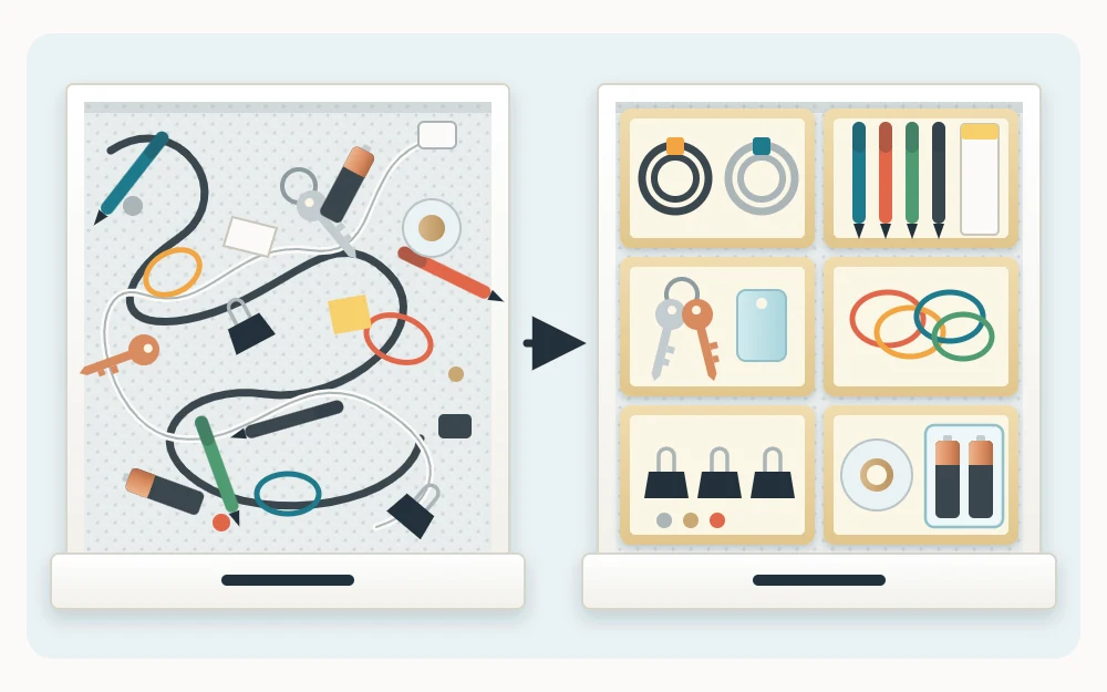 The same drawer shown twice from above, first tangled with cords, pens and keys, then sorted into six small trays