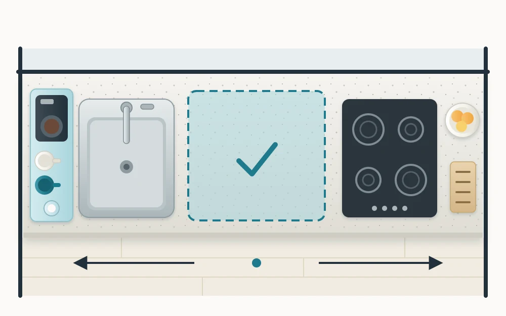 Top view of a countertop with a sink at one end, a cooktop at the other, a large clear area in the middle and small grouped items at the ends