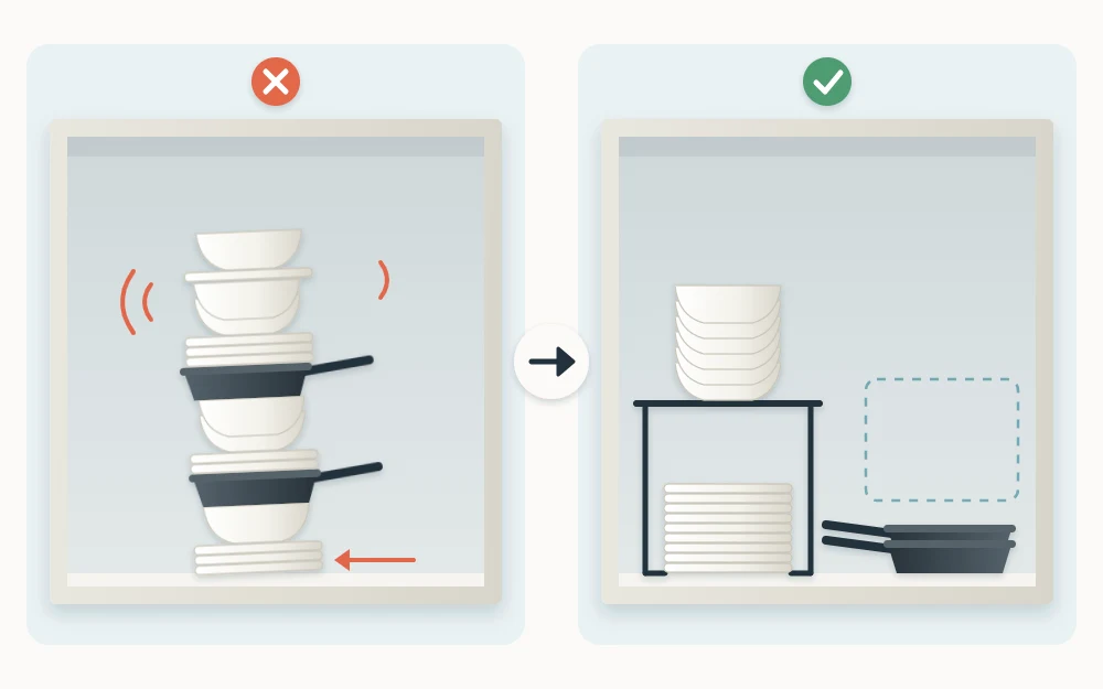 One cabinet shelf shown twice, with a tall mixed stack of plates, bowls and pans on the left and short separate stacks on a shelf riser on the right