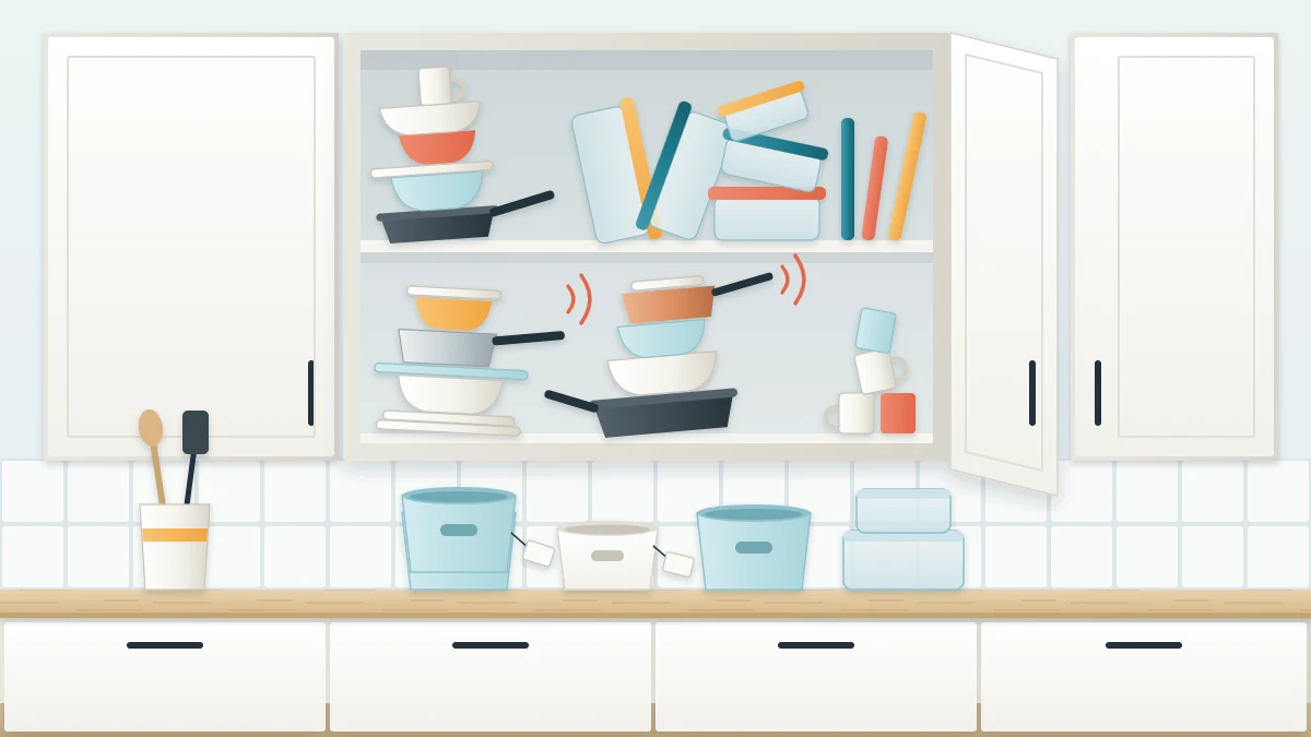 Over-full kitchen cabinet with unstable stacks of mismatched bowls and pans, containers wedged sideways and unused new bins on the counter below