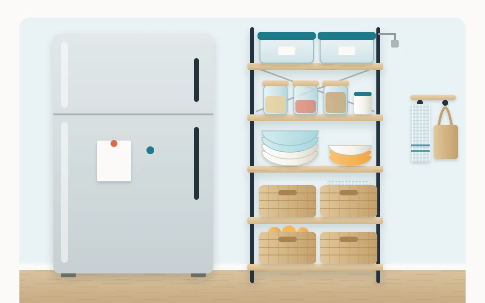 Tall narrow shelving unit beside a refrigerator with baskets low, stacked bowls in the middle and light lidded bins on top
