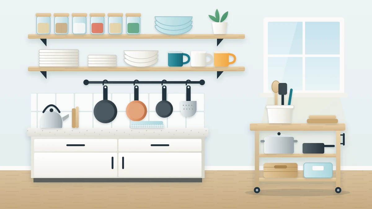 Kitchen wall with few cabinets, two open wooden shelves of plates, bowls and jars, a rail of hanging pans and a freestanding wooden cart