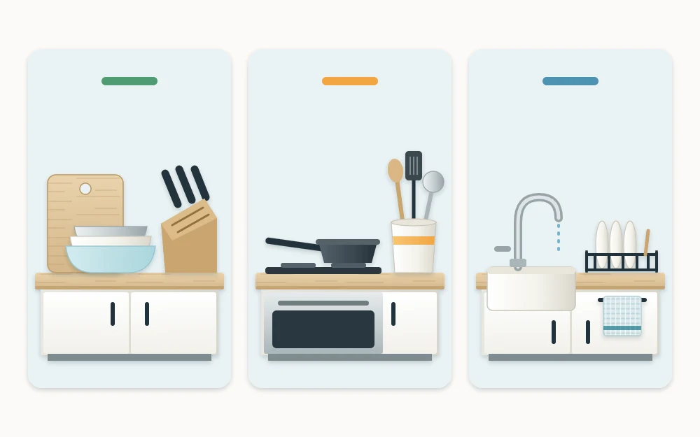 Three tiles showing a cutting board with knife block and mixing bowls, a cooktop with a pan and utensil crock beside it, and a sink with dish rack and towel