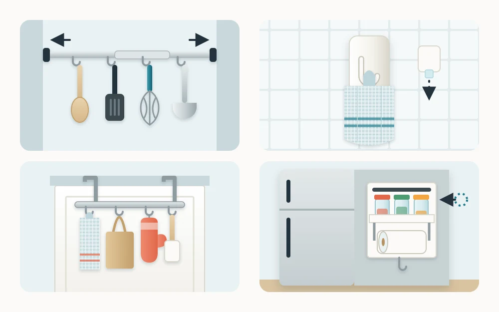 Four tiles showing a tension rod with hooks, an adhesive hook holding a towel, an over-door hook rack and a magnetic rack on a refrigerator